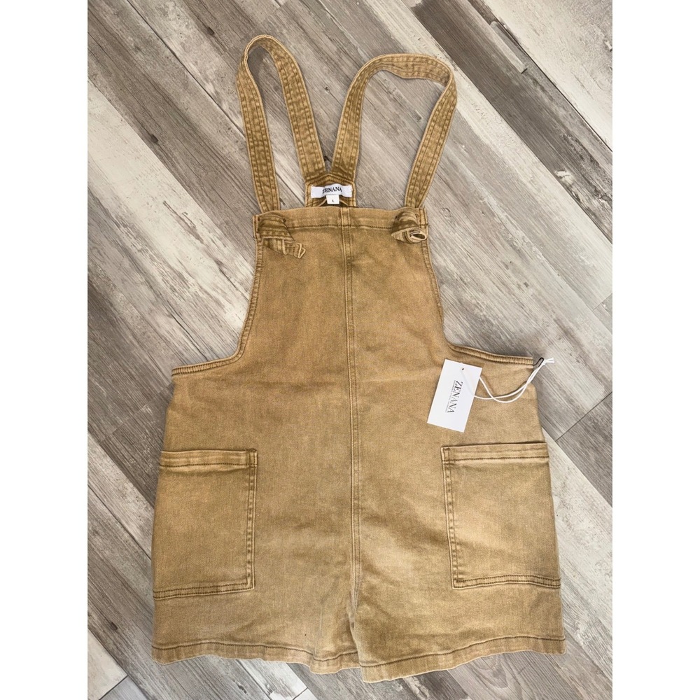 Zenana Shortalls Women Tan Mineral Wash Cotton Denim Overalls L DMO-1869Y